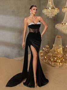 优雅无肩带珍珠装饰美人鱼晚礼服，高开衩设计，女士正式宴会礼服，采用透视网纱拼接，修身剪裁，鱼尾裙摆，适合红毯活动、婚礼、颁奖典礼、歌剧之夜、婚宴等场合。 - 黑色 - 查看 2