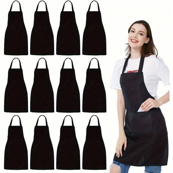 12pcs Pack Aprons With Wide Pockets - Suitable For Kitchen, Crafts, BBQ And Other Household Chores