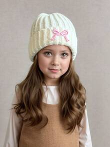 1pc Girls Embroidered Bow Knit Hat, Fashionable Toddler Girls Knit Hat For Autumn/Winter, Warm Knitted Baby Hat, White Children Knit Beanie