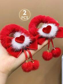 2pcs Christmas Cute Plush Bow Headband With Heart Pendant And Elastic Hair Band - Red & White Fluffy Hair Clips, Valentine's Day, Christmas, Birthday Party Accessories - Soft Stretchy Adult Headband - Multicolor - View 6