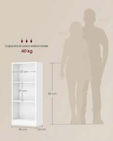 Libreria a 3 Scomparti con Ripiani Regolabili, Scaffale Porta Libri e Documenti per Soggiorno, Camera da Letto, Cameretta e Ufficio, 40 x 24 x 93 cm, Bianco - Bianco - Visualizzare 7