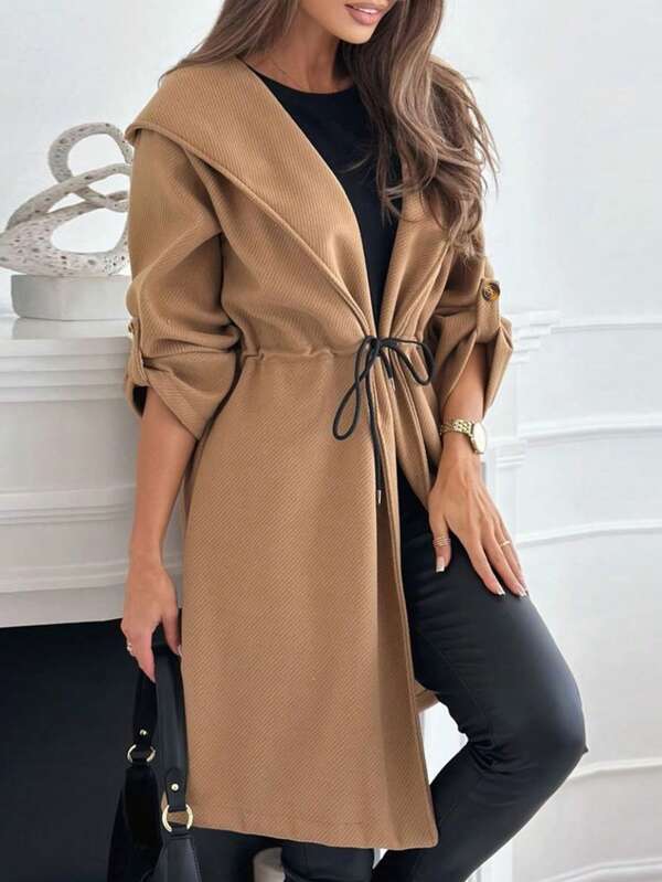 Abrigo largo de manga larga con cintura ceñida y elegante para uso diario de las mujeres, unicolor con cordón anudado casual