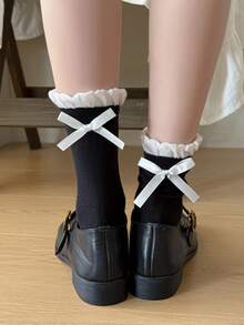 1 par de calcetines de mujer con lazo y contraste de color acanalado, lindos y versátiles, estilo lolita, calcetines blancos sencillos hasta el tobillo