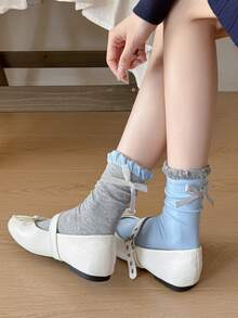 1 par de calcetines de mujer con lazo y contraste de color acanalado, lindos y versátiles, estilo lolita, calcetines blancos sencillos hasta el tobillo