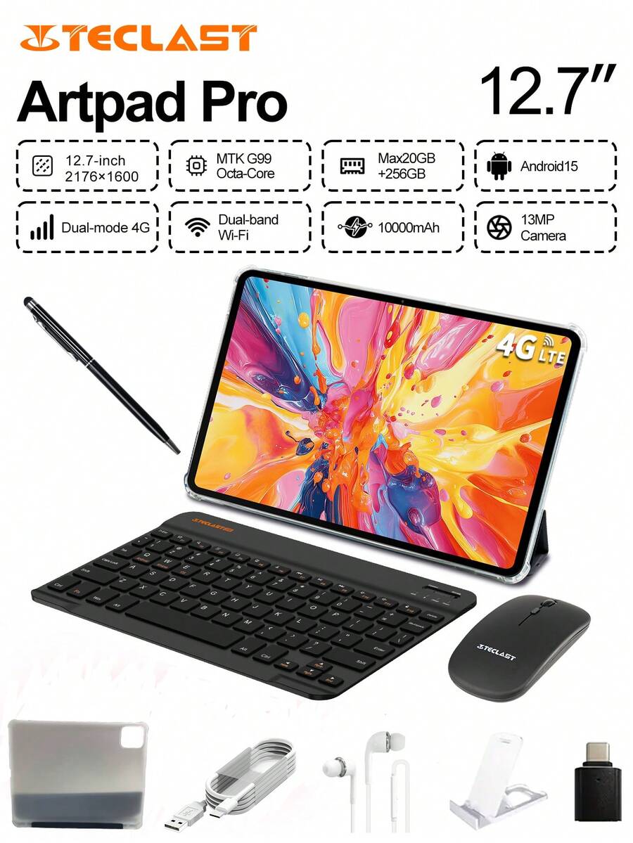 Teclast ArtPad Pro Tablet 12.7-Inch Max Display Pad, G99 Octa-Core CPU, 20GB RAM(8+12 Extension) 256GB ROM, Android15 Smooth Multi-App, 2176*1600 Resolution, LTE Support Dual SIM, 10000mAh Battery Type-C Charging 13MP Camera, With Keyboard &Wireless Mouse Accessories Bundle - Grey - View 1