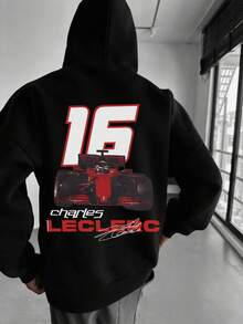 Men's Fleece Hoodie With Racing Element Print, Street Style, Autumn/Winter, Long Sleeve Top - Black - View 3