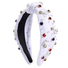 4th Of July Headband For Women American Flag Pearl Knottted Headband Fourth Of July Patriotic Head Band Red White And Blue Crystal Top Knot Hairband Party Favor Gift - 白色結頭帶A - 查看 3