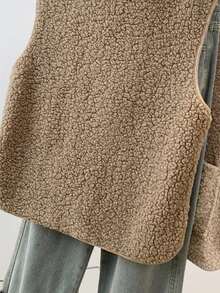 YUXIN 秋冬季女士必备单品！柔软仿羊羔绒无袖开衫背心，配有双口袋，超级保暖，日常百搭。 - 卡其色 - 查看 11