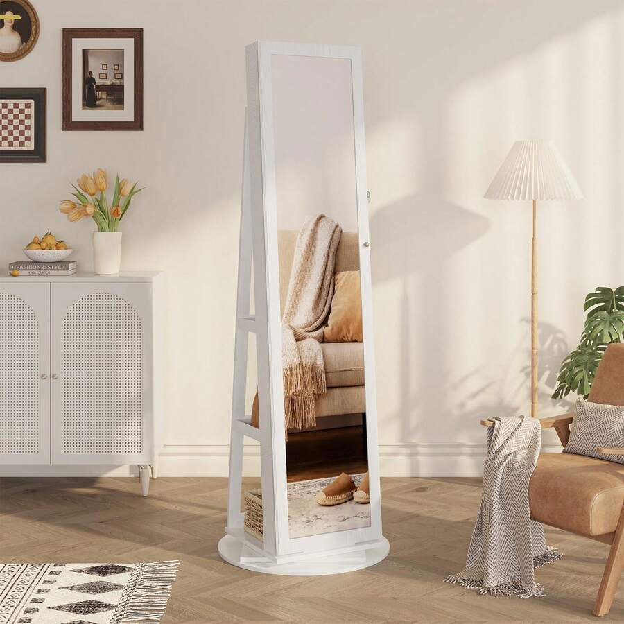Dripex Jewelry Organiser Mirror Wardrobe, 360° Swivel Jewelry Storage, Lockable, 3 In 1 Free Standing Mirror With Storage Shelves - White - View 1