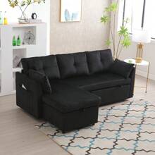 L-Shaped Sectional Sofa With Reversible Chaise Lounge, Modular Sectional Sofa With Storage Seats - Black + Velvet + 3 Seat - View 10
