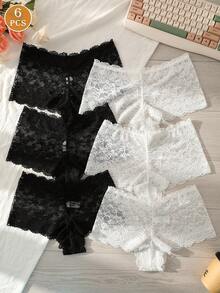6pcs Women's Lace Floral Design Underwear, Minimalist Comfortable Sexy Ladies Panties, Briefs & Hipsters