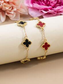 (2pcs/Set) 2pcs Simple And Stylish Lucky Clover Bracelet, Featuring Gold Dripping Four-Leaf Clover Charm Matching With White And Black Multilayer Chain Bracelet, Women's Copper Bangle Suitable For Daily Wear Such As Dating, Graduation, Back To School Season, Making Friends, And Parties Valentines,Mom,Mother,Mother's Day,Gift