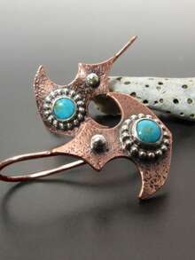 2pcs Elegant Boho Anchor Shaped Mixed Copper, Silver, Faux Turquoise Metal Earrings, Suitable For Vacation, Travel, Gifts