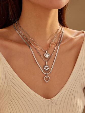 3 piezas Juego de collares y colgantes de acero inoxidable plateado con diseño de amor, incluye 3 estilos diferentes, longitud ajustable, se pueden usar por capas o individualmente, adecuado para decoración diaria o como regalo