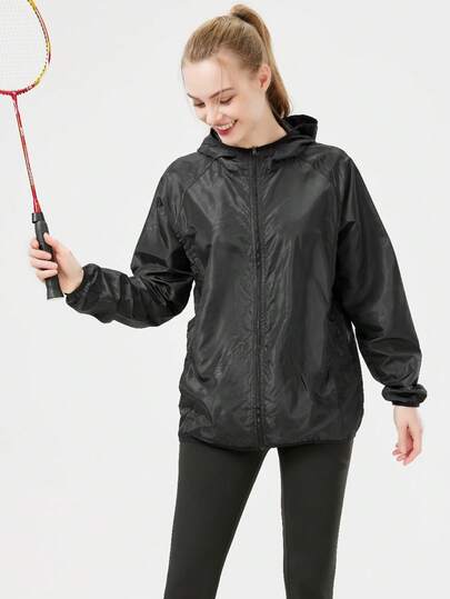 1pc Women Thin Lightweight Skin-Friendly Jacket, Outdoor Sports Casual Hooded Windbreaker With Graphic Print & Multiple Pockets