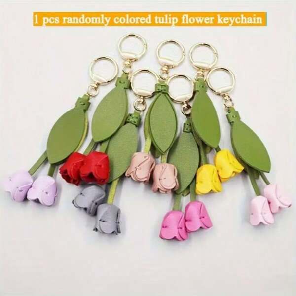 1 pieza Artículos de cuero hechos a mano con tulipán, colgante de bolso con flor, llavero, colgante de llave de coche cosido a mano, cadena de flor de tulipán de PU hecha a mano con colgante de botón de metal, adecuado para colgantes de bolso, colgantes de llavero de coche, colgantes de regalo para días festivos, accesorios de moda versátiles, regalos para el Día de San Valentín y el Día de la Madre (el estilo de color del tulipán es aleatorio)