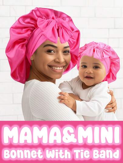 2件套可调节缎面婴儿睡帽，母女睡帽套装，缎面蝴蝶结睡帽，丝绸发套，亮粉色/粉色/黑色/紫色/豹纹