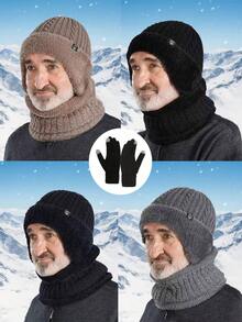 2/3件秋冬季男士耳套针织帽围脖套装，内衬抓绒加厚防寒保暖套装，适合骑行、通勤、聚会等场合。护颈，防风保暖帽子，针织帽，围脖，手套，秋冬保暖套装，男士帽子 - 彩色 - 查看 1