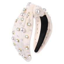 Pearl Knotted Headband For Women White Pearl Rhinestone Crystal Jeweled Hairband Fashion Elegant Ladies Wide Top Knot Bride Boho Head Band Headpieces Party Hair Accessories - 奶油結髮帶 - 查看 1