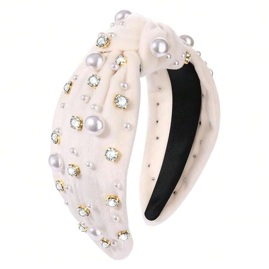Pearl Knotted Headband For Women White Pearl Rhinestone Crystal Jeweled Hairband Fashion Elegant Ladies Wide Top Knot Bride Boho Head Band Headpieces Party Hair Accessories - 奶油結髮帶 - 查看 1