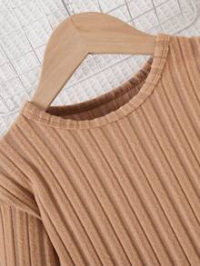 Girls' Solid Color Ribbed Long Sleeve Top + Pants Set - Khaki - View 4