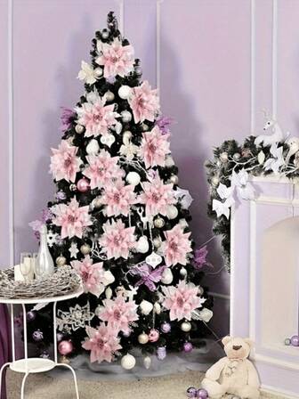 24 Stücke/12 Stücke - Weihnachtsbaum ist mit 5.7-Inch großen rosa Poinsettien dekoriert, aus Kunststoff, ohne Federn, wiederverwendbare Feiertags-Dekoration, die sich generell für Feiertags-Dekorationen eignet. Heim-Dekoration, Weihnachts-Dekorationen, Raum-Dekoration, geeignet für Weihnachtsbaum-Dekoration