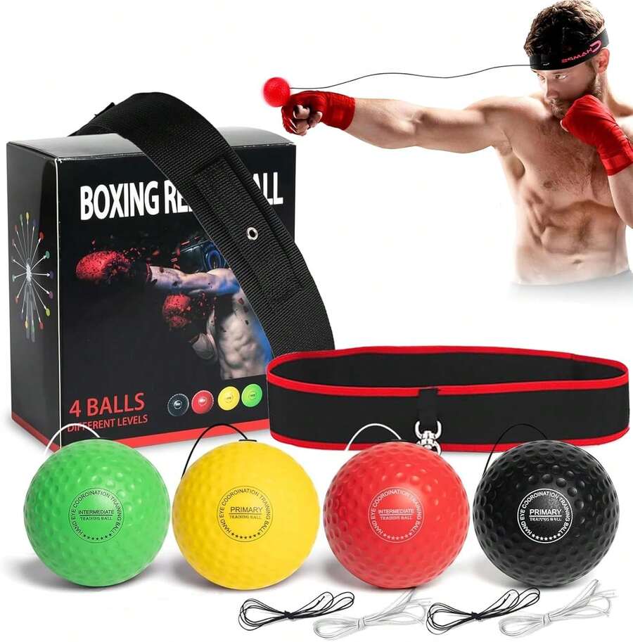 UEBSDVA Pelota de Boxeo Montado En la Cabeza, Reflex Ball Velocidad de Boxeo, con 2 Cintas para la Cabeza, 4 Balones de Entrenamiento, Adecuado para Mejorar la Velocidad de Reacción - negro - Ver 1