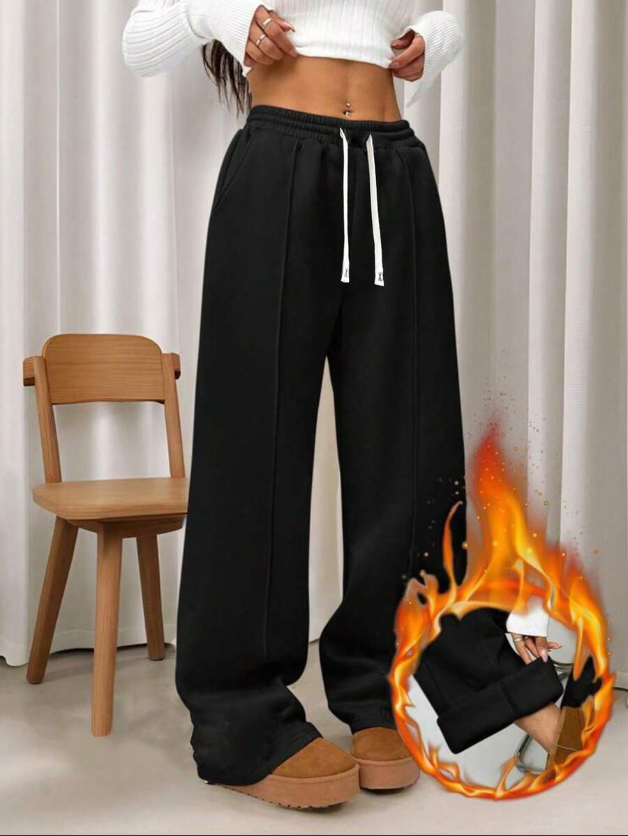 女士户外保暖内衬裤，防风直筒休闲运动裤，抽绳腰带，适合寒冷冬季穿着，保暖轻便，适合户外穿着 - 黑色 - 查看 1