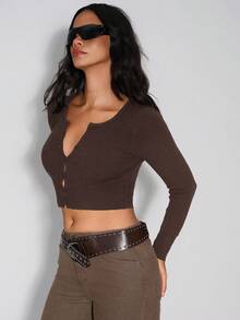 TypaGal Cardigan & Solid Color Shorts Set, Long Sleeve, Simple, Fashionable & Casual For Daily Wear Knit Bodycon Brown Fall Autumn Winter Casual Sporty Chic Modern Going Out Elegant Party - Brown - View 3