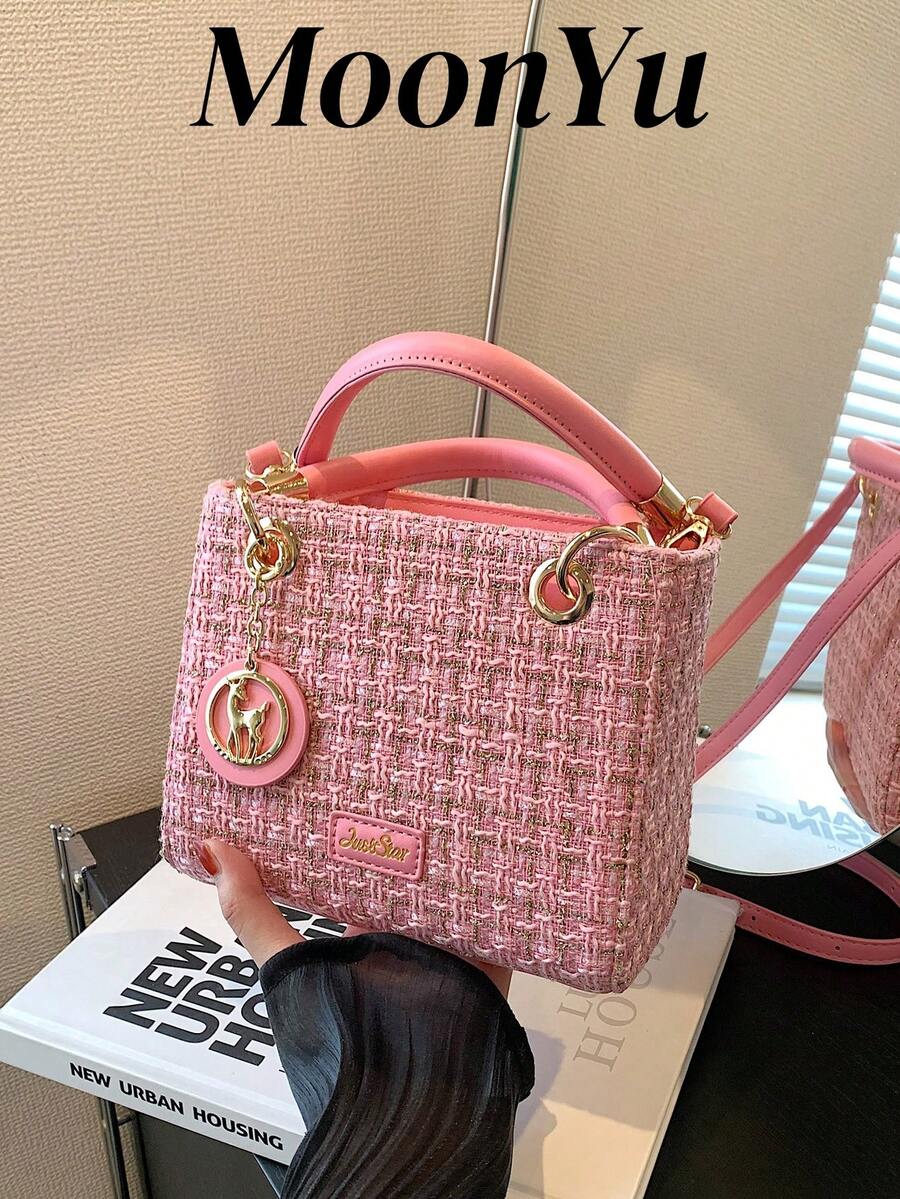 Mini Plaid Pattern Fashionable Shoulder Bag With Pendant, Bags Ladies Elegant, Bag For Women Elegant, Luxury , Pink