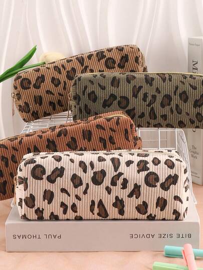 1/2pcs Leopard Print Pencil Case, Suitable As A Gift For 2026, Made Of Corduroy Fabric With A Smooth Rose Gold Zipper. Office Supplies, Student Supplies, Makeup Brush Storage Bag, Desktop Storage Pencil Case, Large Capacity Portable Pencil Case, Can Be Used As A Makeup Bag, Ideal For Students And Professionals. Gifts For Valentine's Day, Thanksgiving, Birthdays, Back-To-School Season, Saint Nicholas Day, Epiphany. Personalised Pencil Case.,Stationery