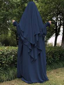 1 Set de Hiyab musulmán de doble capa elegante con buena privacidad, suave y cómodo + Vestido musulmán con diseño de manga elástica, Abaya clásica y versátil (Vestido + Hiyab)