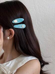 2pcs Women's Cute Wave Starfish Shell Hair Clips, Bangs Clips, Seagreen Shell Starfish Acetate High-End Hair Accessories