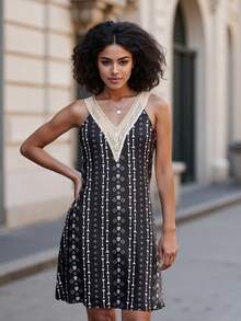 Womens Bohemian Tank Dress Summer Sleeveless Lace Trimmed V Neck Mini Dress Fit And Flare Dress