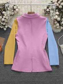 Women's Lapel NeckLoose Commuting Color-Blocking Casual Long Sleeve Blazer Jacket - Mauve Purple - View 2