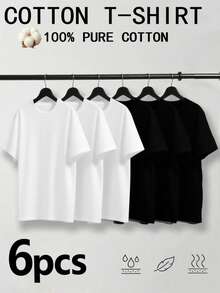 6 Pieces 100% Cotton Short Sleeve T-Shirts - Classic Black & White Solid Color, Crew Neck Design For Casual Use - Black and White - View 1