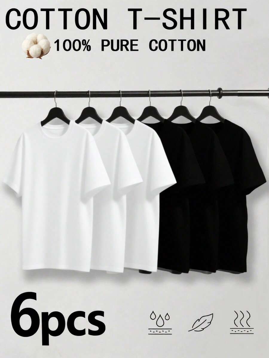 6 Pieces 100% Cotton Short Sleeve T-Shirts - Classic Black & White Solid Color, Crew Neck Design For Casual Use - Black and White - View 1