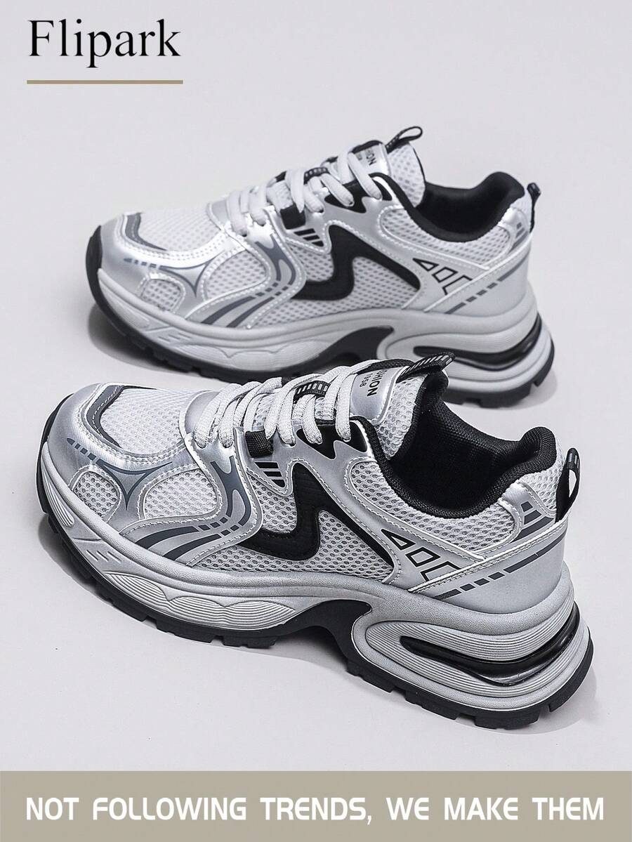 Flipark 1 双女式透气休闲厚底运动鞋，系带银色网眼轻便低帮日常运动鞋