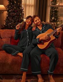 Couple Matching Pajamas 100% Cotton Long Sleeve Sleepwear Button Down Loungewear Pjs Set S-XXLhalloween - Black - View 4
