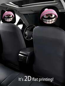 [Fun And Playful Pink Hat With Smiling Face And Big Eyes Print]1pc/2pcs Car Headrest Covers, Suitable For All Seasons, Easy To Clean And Fade-Resistant, Polyester Material, Universal Fit For Car Interior Decoration, Perfect Choice For Travel/Daily Commute, Halloween/Christmas/Thanksgiving