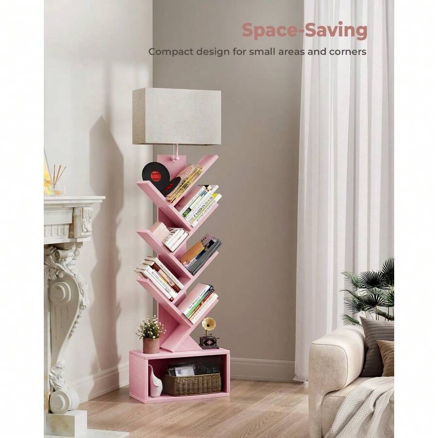 6 Tier Tree Bookshelf, Narrow Bookcase Tower, Tall Floor Standing Book Organizer With Storage Cabinet For Living Room, Bedroom And Home Office - 粉色 - 查看 1