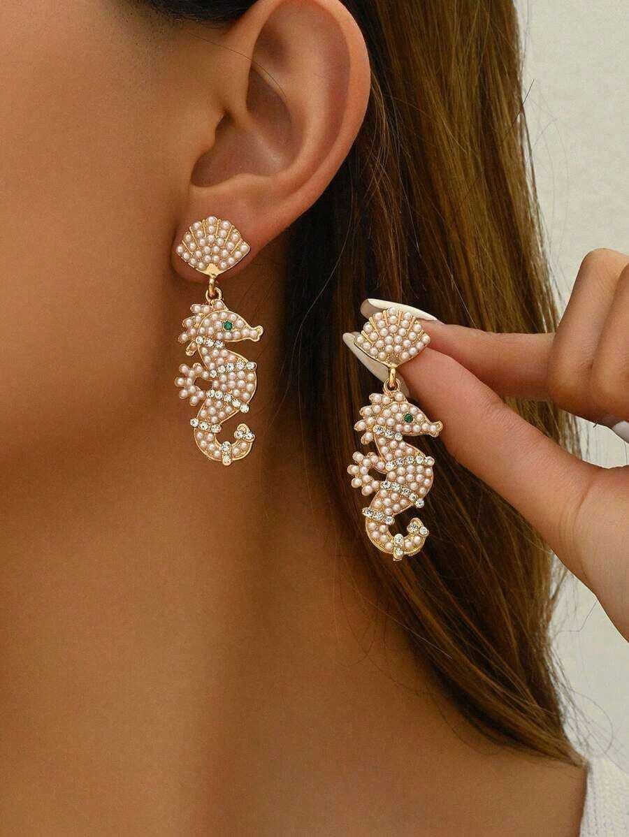 1 Pair Creative & Fashionable Cute Seahorse Alloy Rhinestone & Faux Pearl Earrings, Luxury Personalized Design Women's Earrings Suitable For Daily Wear And As A Thoughtful Gift For Family And Friends - Nhiều màu 9 - Xem 1