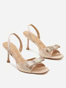 Eleganti sandali con tacco in raso con fiocco e strass - da donna per eventi serali, feste e matrimoni - Beige - Visualizzare 5