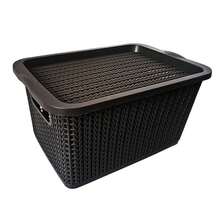 Vmingo Basket Organizer Box Plastic Rattan Woven Design Stackable With Lid Multipurpose Box For Clothes Toys Bathroom Kitchen Closet Decorative Storage Organizer For Home 2pcs - Brown - View 3