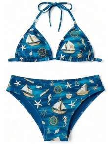 Printed Youth Bikini Set With Tie-Dye Triangle Top, Removable Pads, And Lined Panties For Summer - 藍白色 - 查看 4