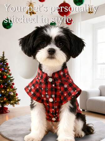 1pc Pet Dog Soft & Cute Christmas Festive Atmosphere Outfit, Red & Green Color/Plaid/Snowflake Print, Short Sleeve Shirt, Suitable For Teddy, Poodle, Schnauzer And Other Small Breed Dogs