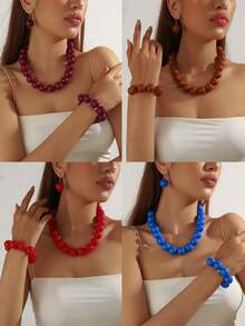 1 Set de 4 piezas de Collar, Pulsera Elástica, Aretes de Estilo Bohemio Retro Exagerado con Cuentas Geométricas de Plástico, Juego de Joyas como Regalo para Mujeres, Uso Diario