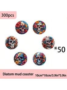 1set/4pcs/6pcs/300pcs Halloween Skull Head In Flowers Diatom Mud Coaster Set-Mug Mat, Coffee Cup Mat-Ideal For Home And Restaurant Decor, Exquisite Birthday Or Holiday Gifts, Table Decor, Household Items, Holiday Decorations, Room Decor, Home Decor, Theme Party Decor, Halloween Decorations - Multicolor - View 3