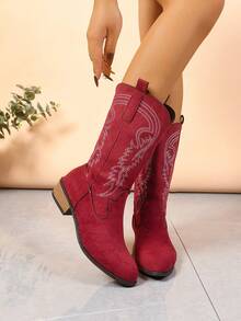 秋冬新款女士刺绣白色皮革西部靴，尖头粗跟中筒靴，户外休闲时尚靴，牛仔靴 - 酒紅色 - 查看 4