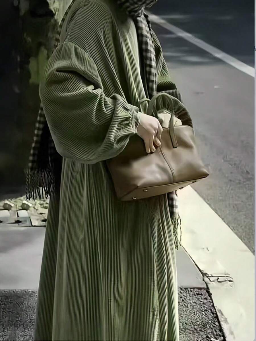 Modest Khaki Long Smock Dress For Plus Size Women Featuring Round Neck Raglan Long Sleeves Button Details And Flared Hem - Green - View 1